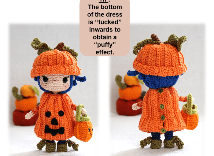 Front and back view of a crochet pumpkin doll with a tip for folding the dress bottom inward to create a puffy look