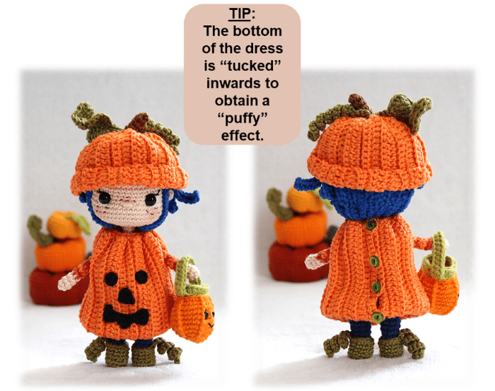 Front and back view of a crochet pumpkin doll with a tip for folding the dress bottom inward to create a puffy look