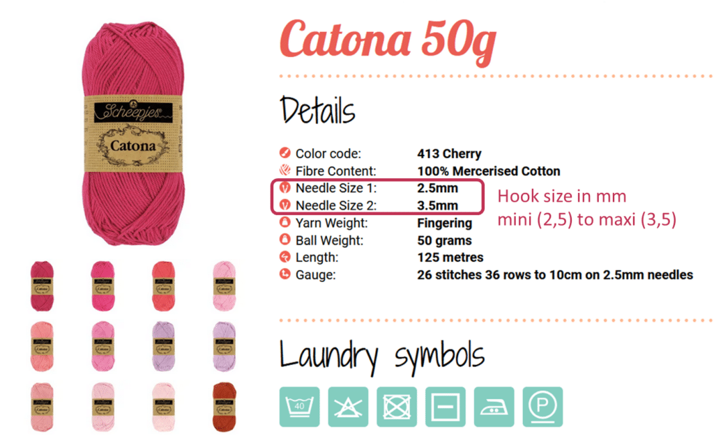 Scheepjes Catona 50g yarn in Cherry color, recommended crochet hook sizes from 2.5mm to 3.5mm