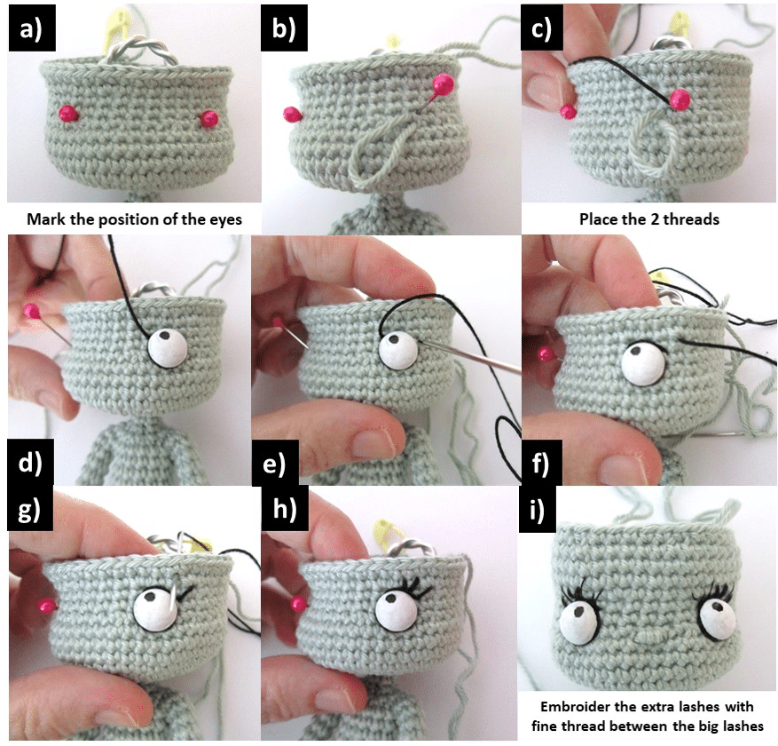 Step-by-step tutorial for embroidering safety eyes and lashes on a crocheted doll head