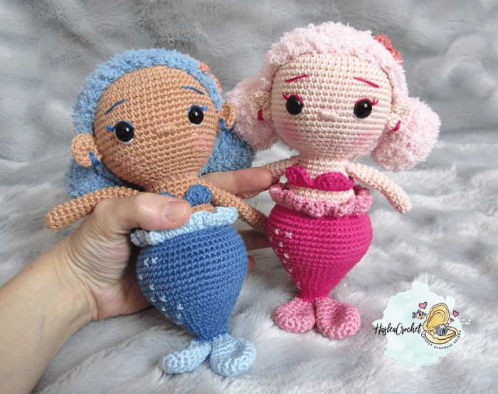 Collection of crochet mermaid dolls made with various yarns including Scheepjes Catona, Phildar Phil Douce, and Cheval Blanc Comète