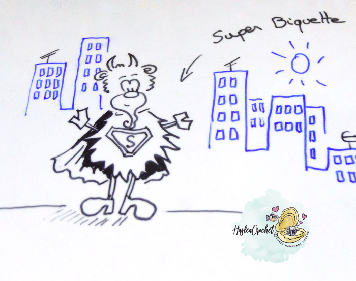 Original sketch of Super Biquette superhero goat character with buildings and cape drawn in black and blue ink